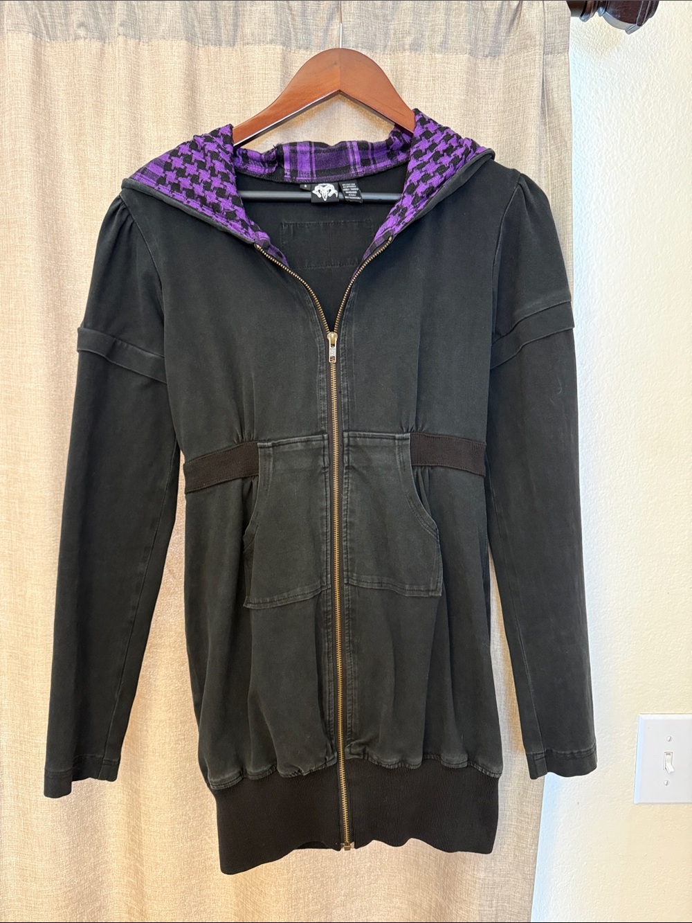 Black Zip-Front Utility Hoodie Jacket with Purple Check Hood